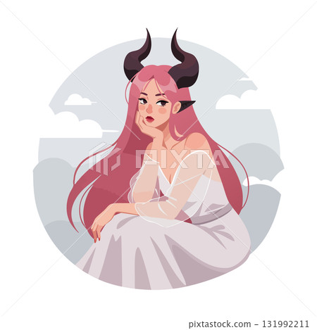 Female demon character with long pink hair and black horns in white dress vector illustration Female demon character with long pink hair and black horns in white dress vector illustration 131992211
