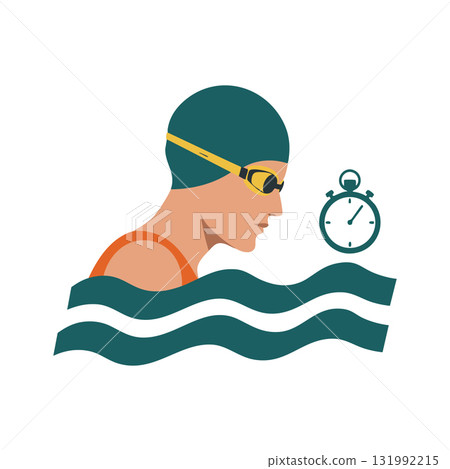 Swimmer in green swim cap and orange swimsuit with stopwatch swimming vector illustration Swimmer in green swim cap and orange swimsuit with stopwatch swimming vector illustration 131992215