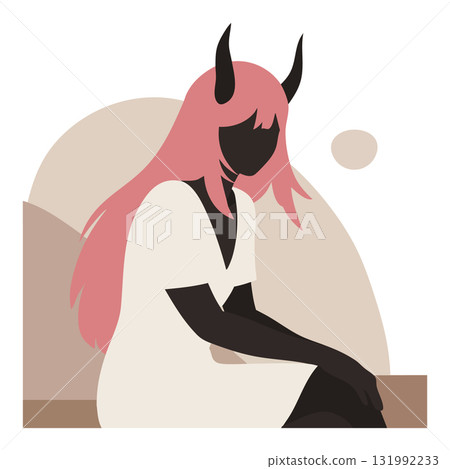 Female demon character with pink hair and black horns sitting vector illustration Female demon character with pink hair and black horns sitting vector illustration 131992233