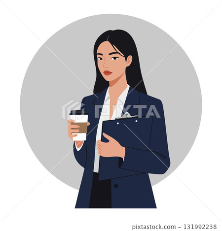 Businesswoman holding coffee cup and clipboard in professional outfit vector illustration 131992238