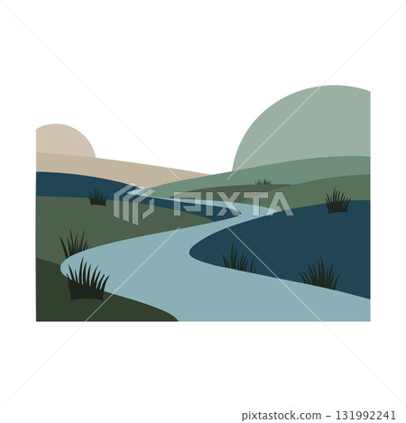 Curving river flowing through green hills with grass and pale sky vector illustration Curving river flowing through green hills with grass and pale sky vector illustration 131992241