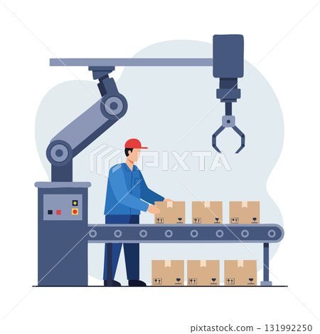 Factory worker operating robotic arm packaging boxes on conveyor belt in industry setting 131992250