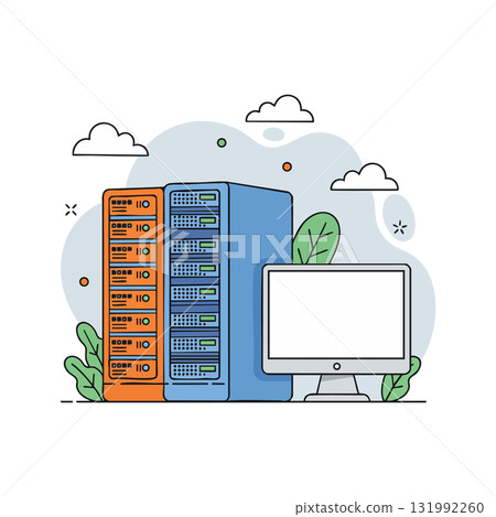 Server Racks and Desktop Computer Illustration with Green Leaves and Clouds Vector Design Server Racks and Desktop Computer Illustration with Green Leaves and Clouds Vector Design 131992260