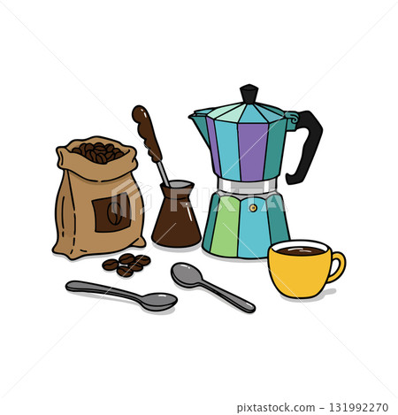 Coffee brewing set with moka pot, coffee cup, beans, and spoons vector illustration Coffee brewing set with moka pot, coffee cup, beans, and spoons vector illustration 131992270