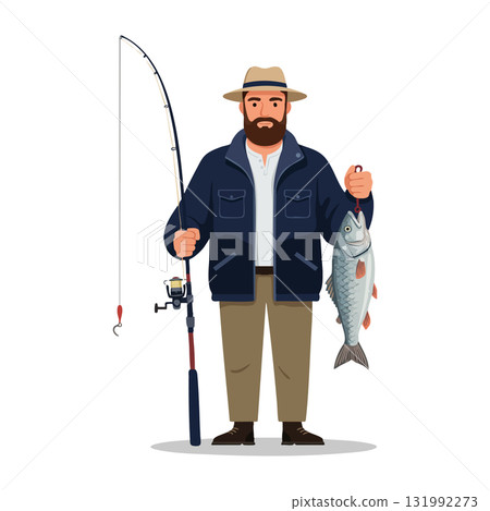 Fisherman holding big fish and fishing rod in outdoor clothing vector illustration 131992273