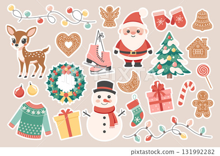 Christmas holiday elements collection. Cute winter holiday stickers. Santa snowman candies christmas tree garland reindeer gingerbreads skates. Christmas holiday elements collection. Cute winter holiday stickers. Santa snowman candies christmas tree garland reindeer gingerbreads skates. 131992282