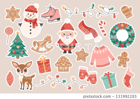 Christmas holiday elements collection. Cute winter holiday stickers. Santa snowman candies christmas tree garland reindeer gingerbreads skates. Christmas holiday elements collection. Cute winter holiday stickers. Santa snowman candies christmas tree garland reindeer gingerbreads skates. 131992283