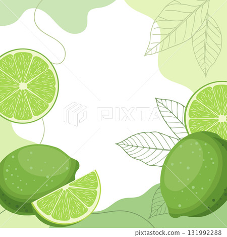 Citrus background with limes and leaves. Fresh lime fruits with leaves composition, cut and whole fruits. Abstract tropical fruit background. 131992288