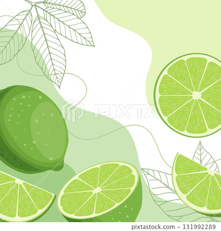 Citrus background with limes and leaves. Fresh lime fruits with leaves composition, cut and whole fruits. Abstract tropical fruit background. Citrus background with limes and leaves. Fresh lime fruits with leaves composition, cut and whole fruits. Abstract tropical fruit background. 131992289