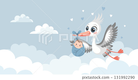 Baby shower invitation banner with stork carrying cute baby in bag for greeting card, baby album, boy birthday party. Baby shower invitation banner with stork carrying cute baby in bag for greeting card, baby album, boy birthday party. 131992290