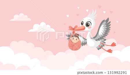 Baby shower invitation banner with stork carrying cute baby in bag for greeting card, baby album, girl birthday party. 131992291