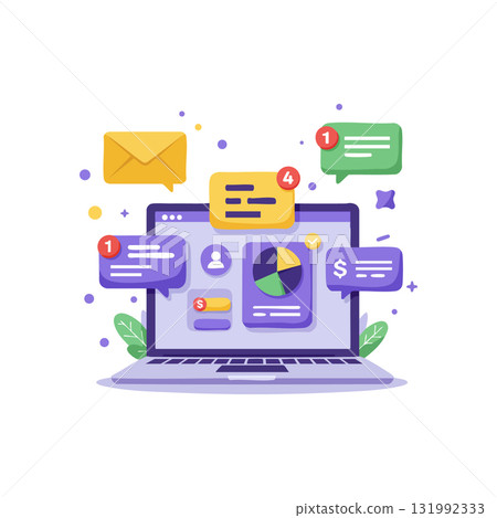 Laptop with colorful chat bubbles and financial icons vector illustration for communication and data analysis Laptop with colorful chat bubbles and financial icons vector illustration for communication and data analysis 131992333