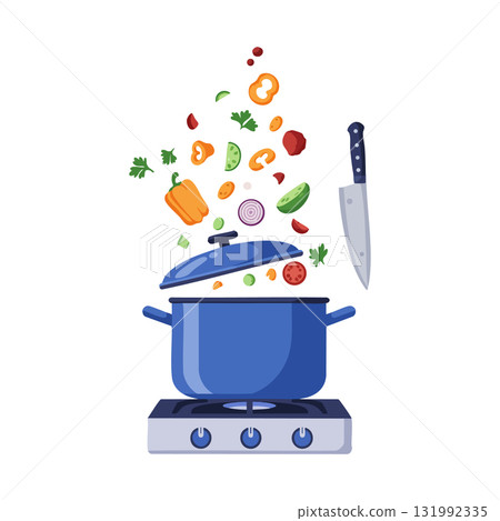 Blue cooking pot with floating vegetables and kitchen knife on stove vector illustration 131992335