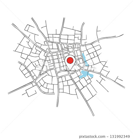 City map with red location pin and blue water bodies vector illustration 131992349