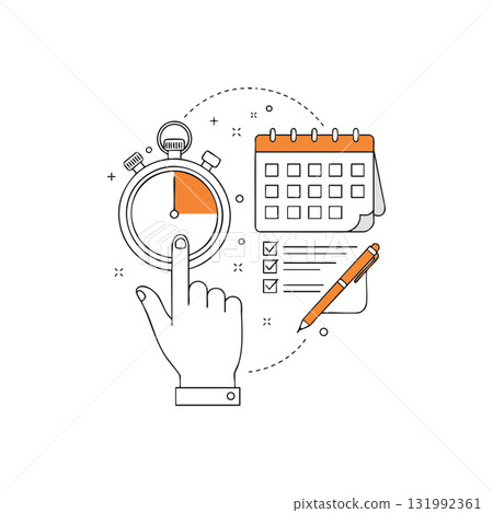 Time management concept with stopwatch calendar checklist and pen vector illustration 131992361
