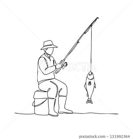 Fisherman catching fish with fishing rod sitting on bucket line art vector illustration Fisherman catching fish with fishing rod sitting on bucket line art vector illustration 131992364