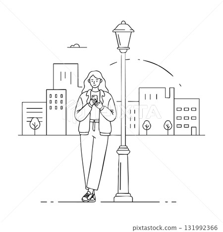 Young woman using smartphone standing near street lamp with cityscape background vector illustration Young woman using smartphone standing near street lamp with cityscape background vector illustration 131992366