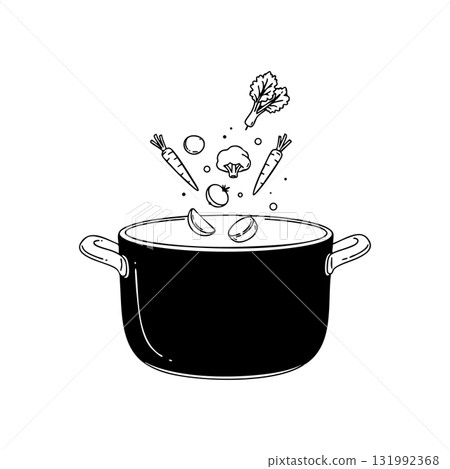Cooking pot with fresh vegetables falling inside simple black and white vector illustration Cooking pot with fresh vegetables falling inside simple black and white vector illustration 131992368