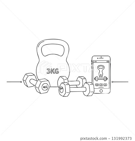Fitness dumbbells kettlebell and smartphone workout app vector illustration 131992373