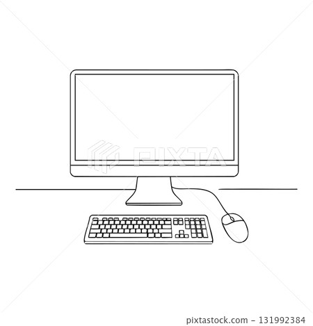 Desktop computer with keyboard and mouse simple line art vector illustration technology design 131992384