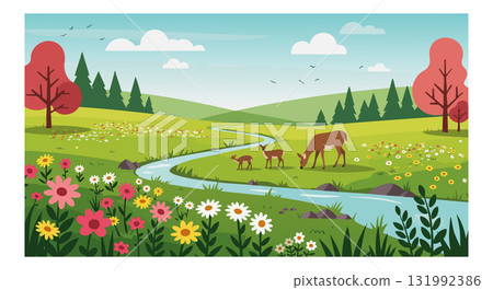 Deer grazing near river in colorful spring meadow with rolling hills and flowers vector illustration 131992386