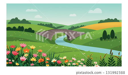 Stone Bridge Over Stream in Colorful Flower Meadow and Rolling Hills Landscape Vector Illustration 131992388