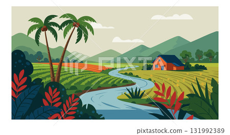 Tropical river farm landscape with palm trees and distant mountains vector illustration 131992389