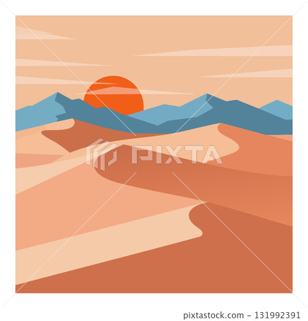 Desert landscape with sun setting behind blue mountains and sand dunes vector illustration Desert landscape with sun setting behind blue mountains and sand dunes vector illustration 131992391