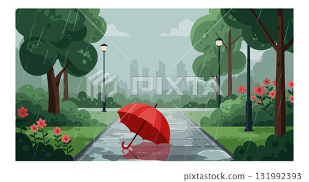 Red umbrella on wet pathway in rainy park with city skyline background vector illustration Red umbrella on wet pathway in rainy park with city skyline background vector illustration 131992393