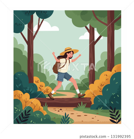 Girl hiking forest trail with backpack and hat enjoying nature adventure outdoors 131992395