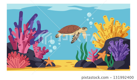 Sea turtle swimming among colorful coral reef underwater marine life vector illustration 131992400