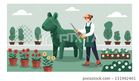 Gardener trimming green horse-shaped topiary in garden with flowers and plants vector illustration 131992401