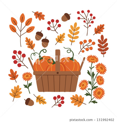 Autumn pumpkin basket with orange leaves acorns and red berries vector illustration seasonal harvest design 131992402