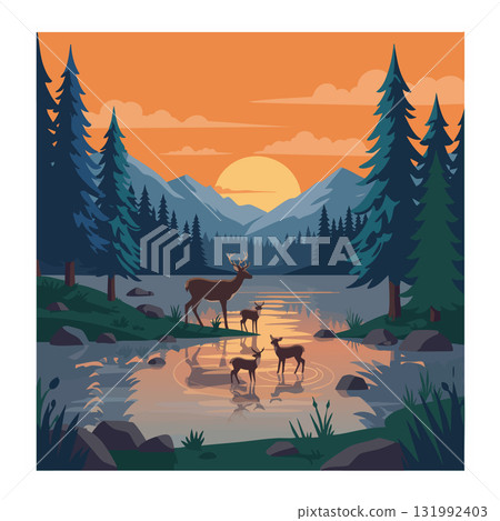 Deer family at forest river during sunset with mountains and pine trees vector illustration 131992403