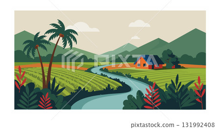 Tropical river landscape with palm trees and farmhouse near mountains vector illustration 131992408