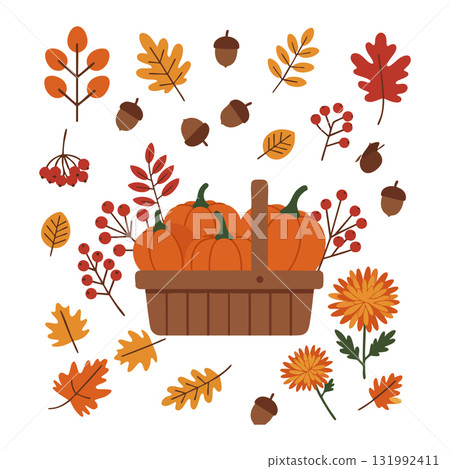 Basket with pumpkins surrounded by autumn leaves acorns and flowers seasonal harvest illustration 131992411