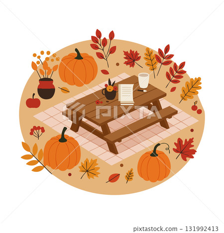 Autumn picnic scene with pumpkins fall leaves and wooden table vector illustration Autumn picnic scene with pumpkins fall leaves and wooden table vector illustration 131992413