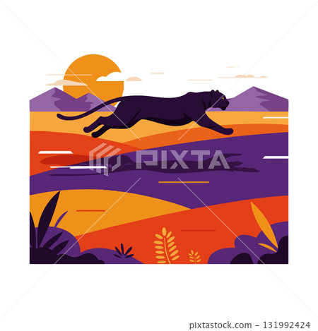 Black panther running across orange and purple savannah landscape with sunset background vector illustration 131992424