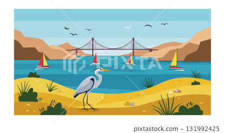 Coastal landscape with blue heron and sailboats near suspension bridge vector illustration 131992425