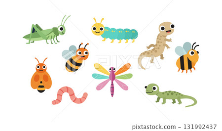 Cute colorful garden insects and reptiles vector illustration with grasshopper caterpillar bees and lizards 131992437