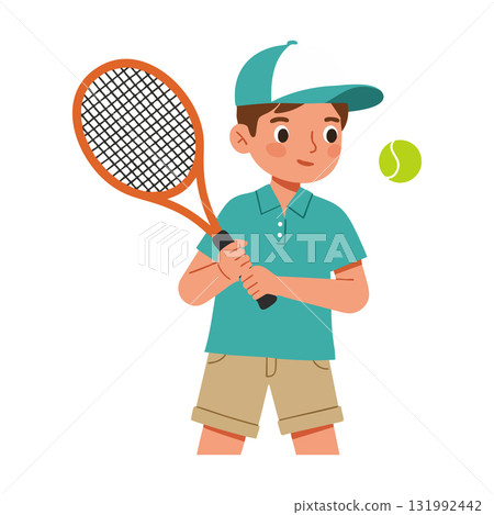 Boy playing tennis with racket and ball in casual clothes and cap vector illustration Boy playing tennis with racket and ball in casual clothes and cap vector illustration 131992442