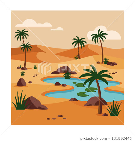 Desert oasis landscape with palm trees and small water pond in sandy environment 131992445