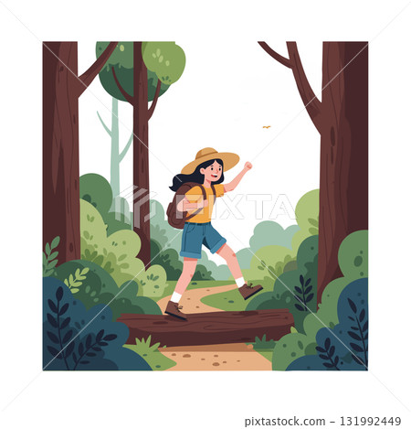 Girl Hiking in Forest Trail Wearing Hat and Backpack in Green Nature Scene 131992449