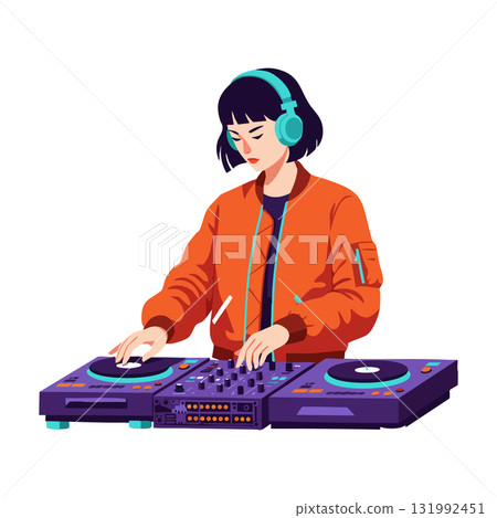 Female DJ mixing music with headphones and orange jacket vector illustration 131992451