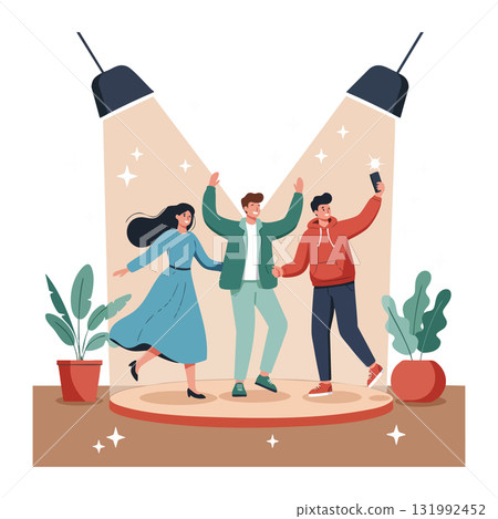 Group of friends dancing under stage lights with plants indoor illustration vector Group of friends dancing under stage lights with plants indoor illustration vector 131992452