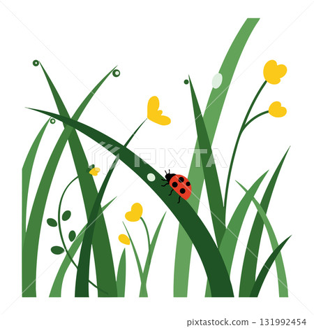 Ladybug on green grass with yellow flowers vector illustration in nature setting Ladybug on green grass with yellow flowers vector illustration in nature setting 131992454