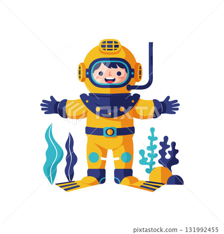 Child wearing yellow deep sea diving suit exploring underwater with coral and seaweed vector illustration 131992455