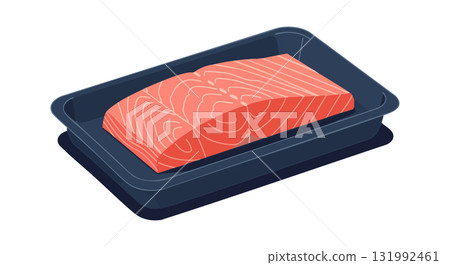 Fresh raw salmon fillet on black tray vector illustration for cooking and food preparation 131992461