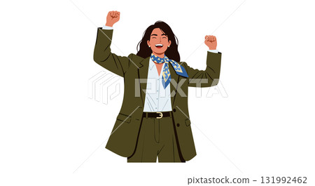 Confident businesswoman celebrating success in green suit with blue scarf vector illustration Confident businesswoman celebrating success in green suit with blue scarf vector illustration 131992462
