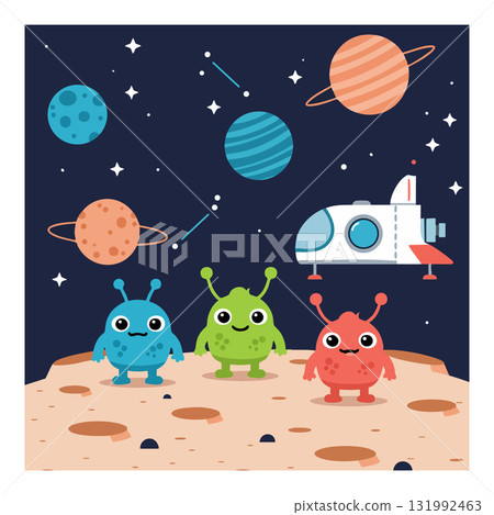 Cute alien creatures on moon with spaceship and colorful planets in space vector illustration Cute alien creatures on moon with spaceship and colorful planets in space vector illustration 131992463